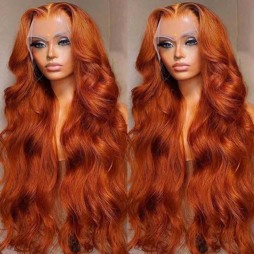 13x4 farbige Spitze-Frontal-Perücke, 13x6 Ingwer-Orange, HD-Spitzenfront, leimlose Echthaar-Perücke zum Tragen für Frauen, 76,2 cm Haar, 13x4 Frontal-Perücke, 28 Zoll, 180% von LEPIZ