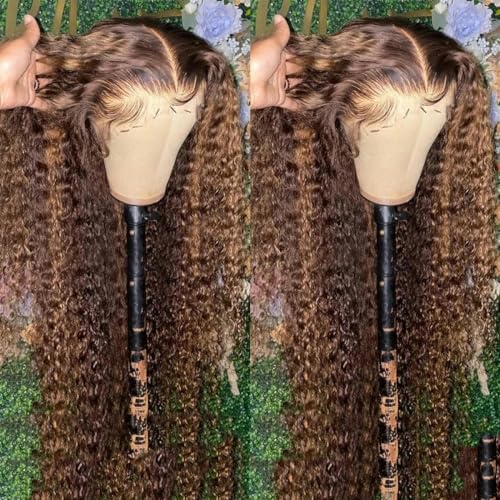 30 40 Zoll Highlight Ombre 13x6 Curly Lace Frontal Echthaarperücken 13x4 Honigblond Farbige HD Deep Wave Frontalperücken für Frauen-13x4 HD Wig-30inches-150density von LEPIZ