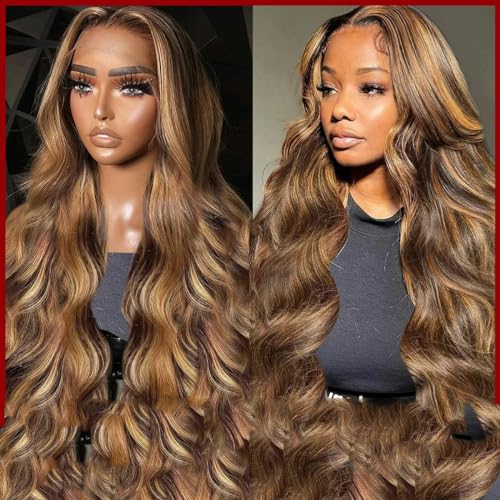 4/27 Highlight-Perücke, brasilianisches Echthaar, 76,2 cm, 81,3 cm, farbig, Ombre-Blond, 13 x 6 HD, transparente Spitze-Frontal-Perücke für Damen, 13 x 6 HD transparent, 76,2 cm, 180% von LEPIZ