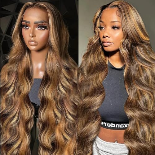 4/27 Highlight-Perücke, brasilianisches Echthaar, 76,2 cm, 81,3 cm, farbig, Ombre-Blond, 13 x 6 HD, transparente Spitze-Frontal-Perücke für Damen, 13 x 6 HD transparent, 76,2 cm, 180% von LEPIZ