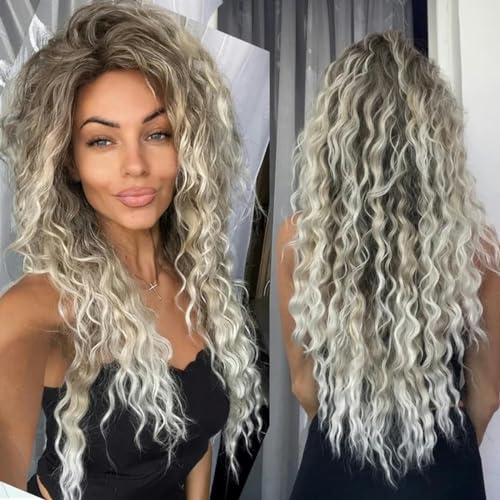 Aschblonde Perücke, synthetische lange lockige Haarperücken für Frauen, flauschige Frisur, Welle, Ombré-Perücke, Kostüm, Karneval, Party, normale lockige Perücke, Aschblond, 66 cm von LEPIZ