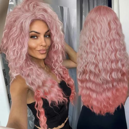 Aschblonde Perücke, synthetische lange lockige Haarperücken für Frauen, flauschige Frisur, Welle, Ombré-Perücke, Kostüm, Karneval, Party, normale lockige Perücke, Rosa, 66 cm von LEPIZ