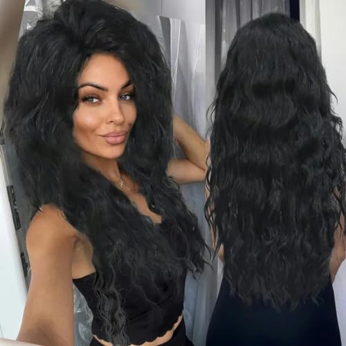 Aschblonde Perücke, synthetische lange lockige Haarperücken für Frauen, flauschige Frisur, Welle, Ombré-Perücke, Kostüm, Karneval, Party, normale lockige Perücke, Schwarz, 66 cm von LEPIZ