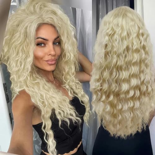 Aschblonde Perücke, synthetische lange lockige Haarperücken für Frauen, flauschige Frisur, Welle, Ombré-Perücke, Kostüm, Karneval, Party, normale lockige Perücke, blond, 66 cm von LEPIZ