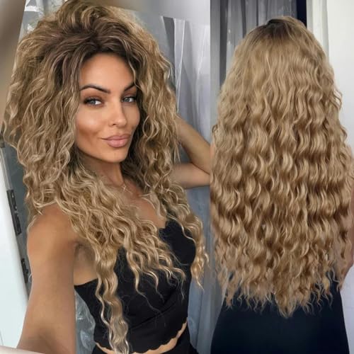 Aschblonde Perücke, synthetische lange lockige Haarperücken für Frauen, flauschige Frisur, Welle, Ombré-Perücke, Kostüm, Karneval, Party, normale lockige Perücke-789-11-26 Zoll von LEPIZ