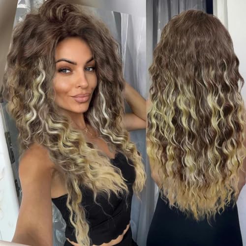 Aschblonde Perücke, synthetische lange lockige Haarperücken für Frauen, flauschige Frisur, Welle, Ombré-Perücke, Kostüm, Karneval, Party, normale lockige Perücke-789-16-26 Zoll von LEPIZ