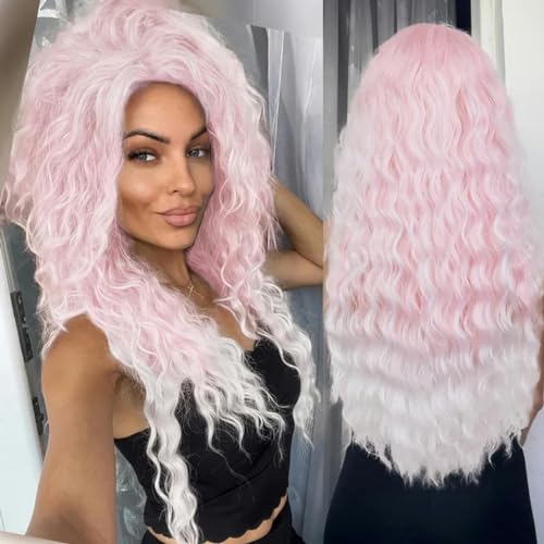 Aschblonde Perücke, synthetische lange lockige Haarperücken für Frauen, flauschige Frisur, Wellen-Ombre-Perücke, Kostüm, Karneval, Party, normale lockige Perücke, Ombre Pink, 66 cm von LEPIZ