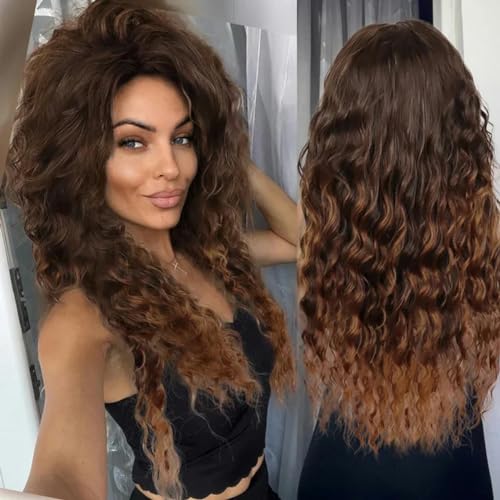 Aschblonde Perücke, synthetische lange lockige Haarperücken für Frauen, flauschige Frisur, Wellen-Ombre-Perücke, Kostüm, Karneval, Party, normale lockige Perücke, Ombre-Rotbraun, 66 cm von LEPIZ