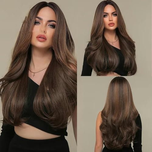 Blonde Ombre-Braun-Synthetik-Perücke, langes gewelltes Haar, ohne Pony, für Frauen, hitzebeständig, für Daliy-Cosplay-Partys, BL808201, 66 cm, 1 Stück von LEPIZ