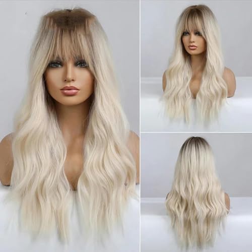 Blonde Perücke mit Pony, lange Welle, hochwertige synthetische Perücken für Frauen, Halloween-Party, natürliches hitzebeständiges Haar-LC8008-1 von LEPIZ