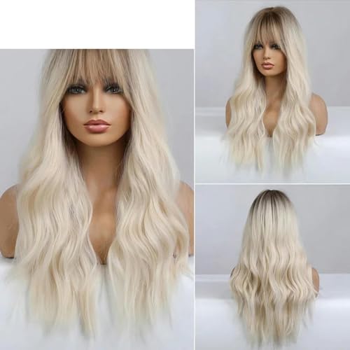 Blonde Perücke mit Pony, lange gewellte synthetische Perücken für Frauen, Halloween-Party, natürliches hitzebeständiges Haar-LC8008-1 von LEPIZ