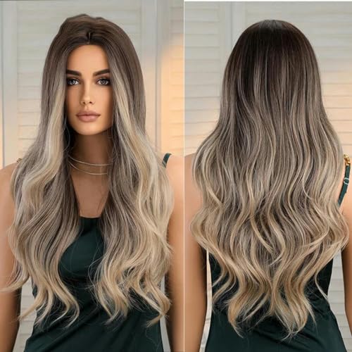 Braune blonde Haarperücke, lange gewellte Perücken für Frauen, Cosplay, natürlich, gute Qualität, synthetische Perücke, Hochtemperaturfaser-EM458-1 von LEPIZ