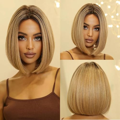 Braune blonde Ombre-Synthetik-Perücken, kurze gerade Perücken für Frauen, mittlerer Teil, Cosplay, natürliches Haar, hitzebeständige Fasern-Wigs-LC2015-1 von LEPIZ