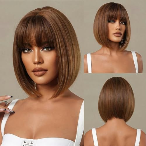 Braune blonde Ombre-Synthetik-Perücken, kurze gerade Perücken für Frauen, mittlerer Teil, Cosplay, natürliches Haar, hitzebeständige Fasern-Wigs-LC2071-2 von LEPIZ