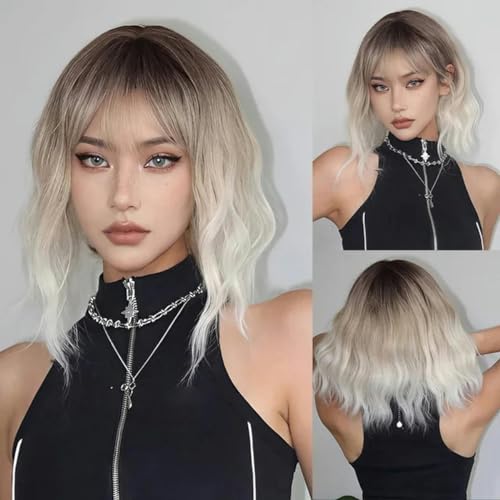 Kurze gewellte synthetische Perücken mit Pony für Frauen, Ombre-Braun-Blond-Weiß-Perücken, hitzebeständig, tägliches Cosplay-Haar-WL1130-2 von LEPIZ