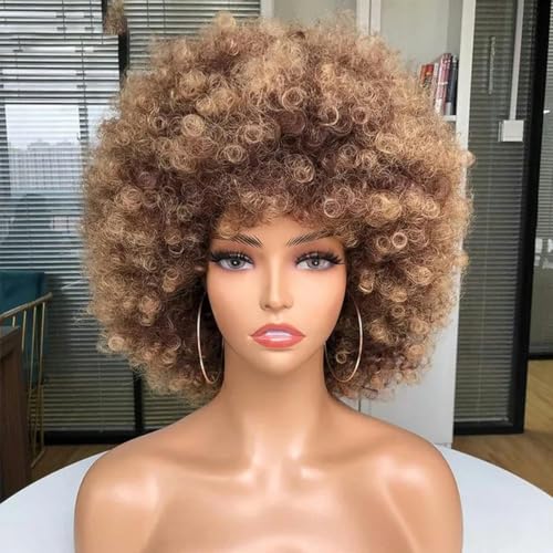 Kurze synthetische Afro-Perücken für schwarze Frauen, afrikanisch, schwarz, rosa, flauschig, weich, Cosplay, natürliches Haar, Afro, verworrene lockige Perücke mit Pony, 33-27-10 Zoll von LEPIZ