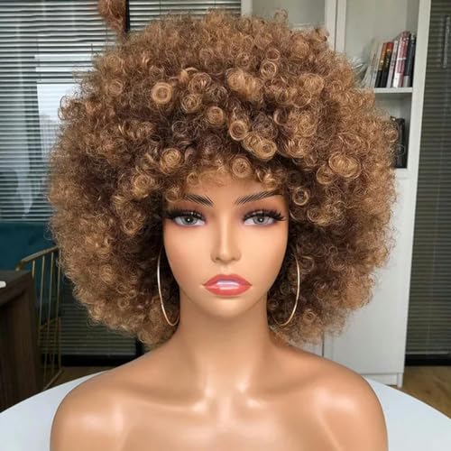 Kurze synthetische Afro-Perücken für schwarze Frauen, afrikanisch, schwarz, rosa, flauschig, weich, Cosplay, natürliches Haar, Afro, verworrene lockige Perücke mit Pony, 33-30-10 Zoll von LEPIZ