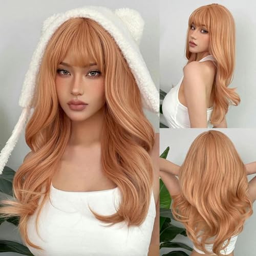 Lange braun-blonde Highlight-Lockenperücken für schwarze Frauen mit Pony, Hochtemperaturfaser-Perücken, modische Weihnachtsfeier-WL1145-1 von LEPIZ