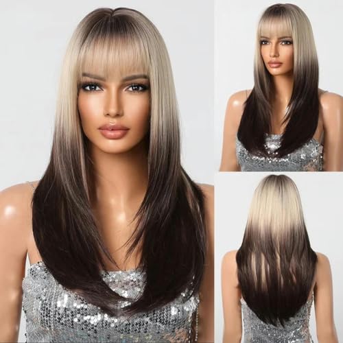 Lange braune blonde Highlight-Lockenperücken für schwarze Frauen mit Pony, Hochtemperaturfaser-Perücken, modische Weihnachtsfeier, LC3032-1 von LEPIZ