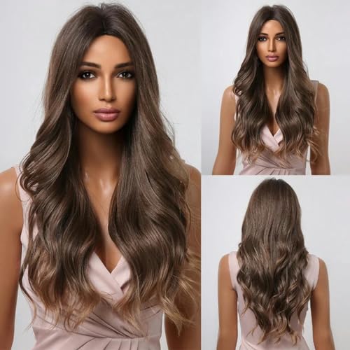 Lange braune synthetische Perücken Ombre Hellbraunes Haar für schwarze Frauen Natürliche gewellte Perücke Mittelteil Cosplay Perücken Hitzebeständige Faser-Wigs-LC2040-1 von LEPIZ