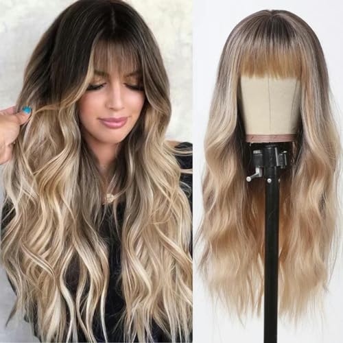 Lange dunkelbraune synthetische lockige Perücke mit Pony für Frauen, Highlight-blonde, gewellte Naturhaar-Perücke, hitzebeständig, für den täglichen Gebrauch, Party-Wig-LC2137-1 von LEPIZ