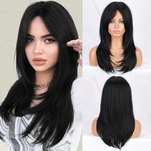 Lange geschichtete synthetische Perücken für Frauen, schwarze Perücken mit seitlichem Pony, braune Haarperücken für tägliches Cosplay-NYL2556-1B von LEPIZ