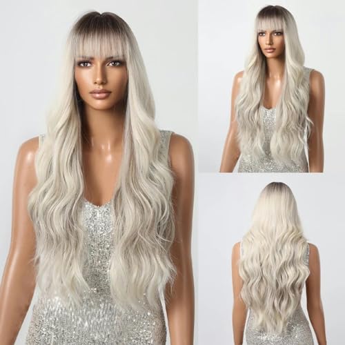 Lange gewellte braune bis blonde Ombre-Perücke für Damen, geschichtete synthetische Perücke mit Pony, natürliche Weihnachtsparty, hitzebeständige Faser-LC1089-1 von LEPIZ