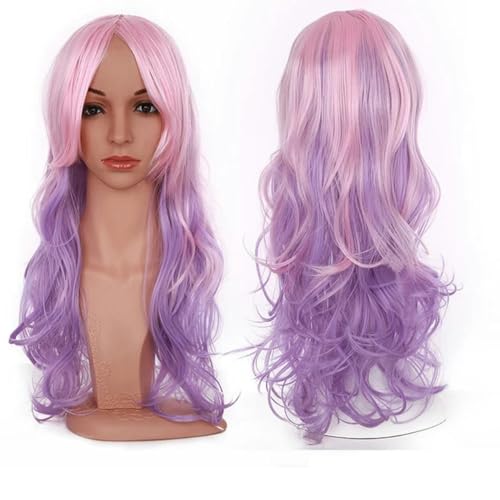 Lose gewellte Perücken, Halloween, Cosplay, Party, Damen, Pony, 58,4 cm, langes Haar, synthetische Perücke, 28 Farben, Rosa, Lila, 58,4 cm von LEPIZ