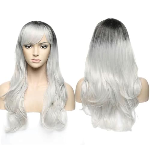 Lose gewellte Perücken, Halloween, Cosplay, Party, Damen, Pony, 58,4 cm, langes Haar, synthetische Perücke, 28 Farben, Schwarz, Silbergrau, 58,4 cm von LEPIZ