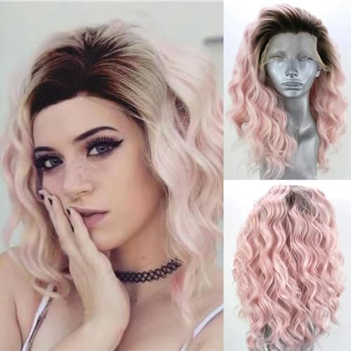 Synthetische Lace-Front-Perücke, kurze Perücke für Frauen, silberbraun, rosa, blau, synthetische Spitze-Perücke, Cosplay, kurze Perücke, Ombre Pink, 30,5 cm von LEPIZ