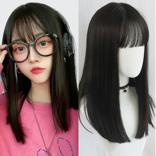 Synthetische lange Perücke mit Pony im Princess-Schnitt, natürlicher Look, 61 cm lange, hitzebeständige, dunkelbraune Perücke für Damen – 618 Schwarz von LEPIZ