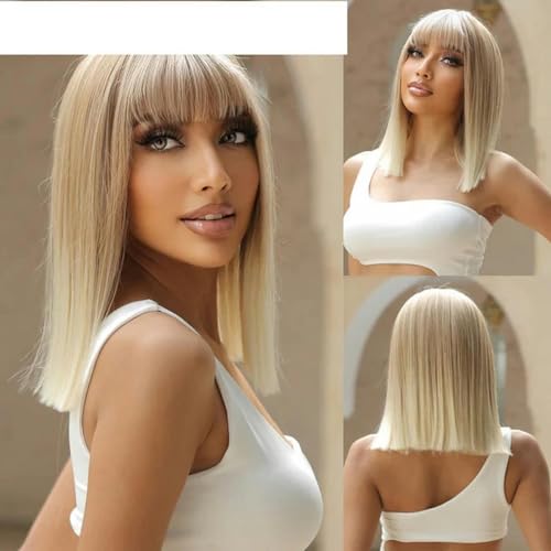 Synthetische schulterlange blonde knochengerade Perücke mit Pony für Frauen aschblonde Ombre-Cosplay-Perücken hitzebeständiges Naturhaar-WL1019-1 von LEPIZ