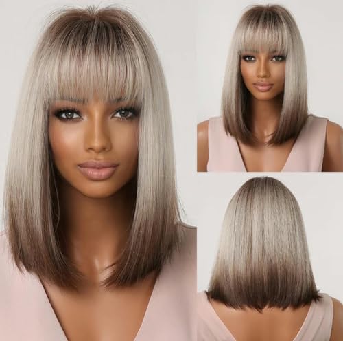 Weiße blonde graue synthetische Perücken mit Pony, kurze glatte Haare, Perücke für Frauen, Cosplay, täglich, natürliches Haar, hitzebeständig, LC2067-1 von LEPIZ