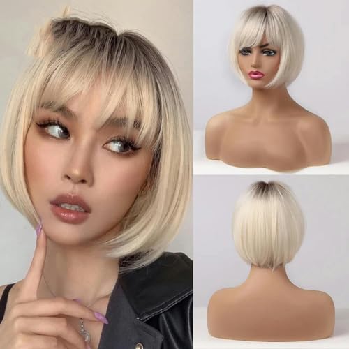 Weiße blonde graue synthetische Perücken mit Pony, kurze glatte Haare, Perücke für Frauen, Cosplay, täglich, natürliches Haar, hitzebeständig, SS171-2 von LEPIZ