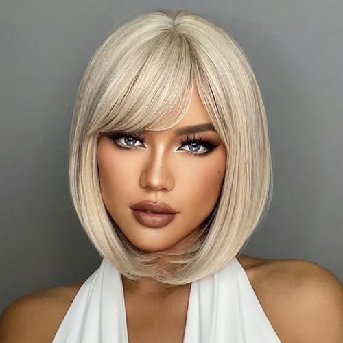 Weiße blonde graue synthetische Perücken mit Pony, kurze glatte Haare, Perücke für Frauen, Cosplay, täglich, natürliches Haar, hitzebeständig, SS180-1 von LEPIZ