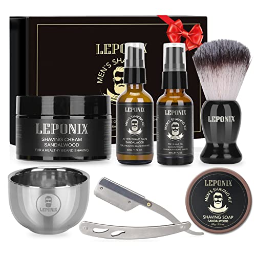 Rasierset für Männer, Aftershave-Geschenkset für Männer, mit Sandelholz-Rasiercreme, Aftershave-Balsam, Pre-Shave Öl, Rasierpinsel und Schale, Rasierseife, Geschenkset für Ihn Freund von LEPONIX