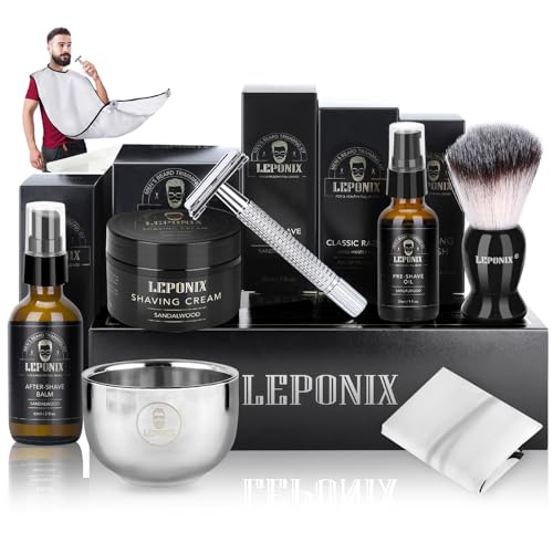 Nassrasierer Herren, Bartpflege Set für Männer inkl Safety Razor, Rasierpinsel,Rasiercreme Männer After Shave Balsam, Pre Shave, Rasierschale,Rasierschürze, Rasierhobel Geschenkset Herren von LEPONIX