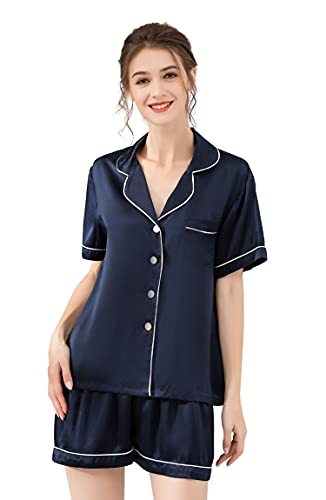 LEPTON 100% 19 mm Kurzarm-Maulbeerseide-Pyjama-Set (as3, Alpha, s, Regular, Regular, Marineblau, Klein) von LEPTON