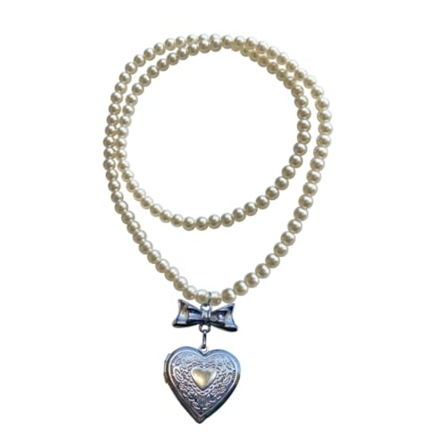 LERONO Halskette, Vintage-Herz-Schleifenanhänger, Halskette, süße Perlenkette, Choker, einfache Schlüsselbein-Kette, modische Halskette, Metall von LERONO