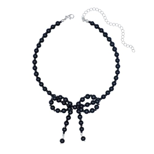 LERONO Halskette, schwarze Perlen-Schleifen-Halskette, leicht, schick, bequem, leicht, geeignet für Partys und den täglichen Gebrauch, Perlen von LERONO