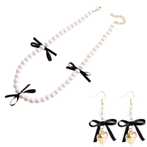 LERONO Halskette, schwarze Schleife, Halskette und Ohrringe, Set mit schicker Halskette, einzigartige Schleife, Ohrringe, Perlen, Halskette, geeignet für jeden Anlass, Legierung, Kunstperlen und Band von LERONO