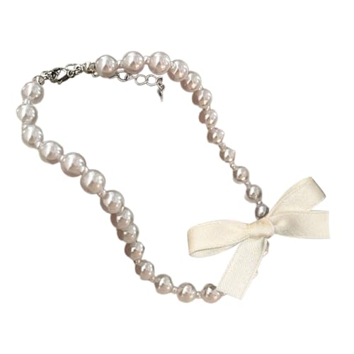 LERONO Halsketten, Perlen Halskette mit Seidenband Bowknot raffinierter Schleife Anhänger Halsband Kette für Frauen handgefertigtes Accessoire, Kunstperlen von LERONO