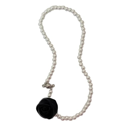 LERONO Halsketten, auffällige Perlen, Schlüsselbeinkette, elegante schwarze Rosen-Blumen-Halskette, modischer Blumenanhänger, Schlüsselbein-Kette, Metall von LERONO