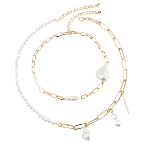 LERONO Halsketten, luxuriöse lange Quastenkette, Halskette mit Barock-Perlen, Schlüsselbeinkette, stilvoller Schmuck für Partys und Hochzeiten, Kunstperlen + Eisenkette von LERONO