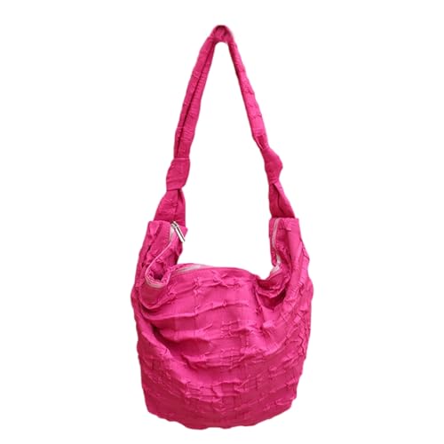 LERONO Taschen für Damen, Segeltuch, großes Fassungsvermögen, geknotet, breiter Riemen, einfarbig, plissiert, gerüscht, Handtasche, lässige Umhängetasche, hot pink von LERONO