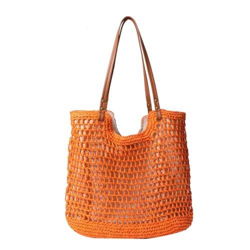 LERONO Taschen für Damen, Stroh-Handtasche, großes Fassungsvermögen, Hobo-Tasche, ausgehöhlt, Strandtasche, modisch, Urlaubstasche, handgefertigt, gewebt, Schultertasche, Orange von LERONO