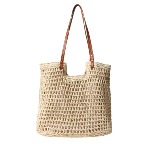 LERONO Taschen für Damen, Stroh-Handtasche, großes Fassungsvermögen, Hobo-Tasche, ausgehöhlt, Strandtasche, modisch, Urlaubstasche, handgefertigt, gewebt, Schultertasche, beige von LERONO