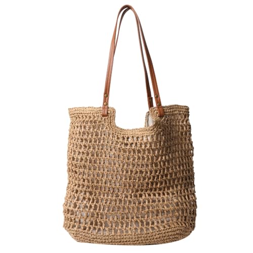 LERONO Taschen für Damen, Stroh-Handtasche, großes Fassungsvermögen, Hobo-Tasche, ausgehöhlt, Strandtasche, modisch, Urlaubstasche, handgefertigt, gewebt, Schultertasche, khaki von LERONO