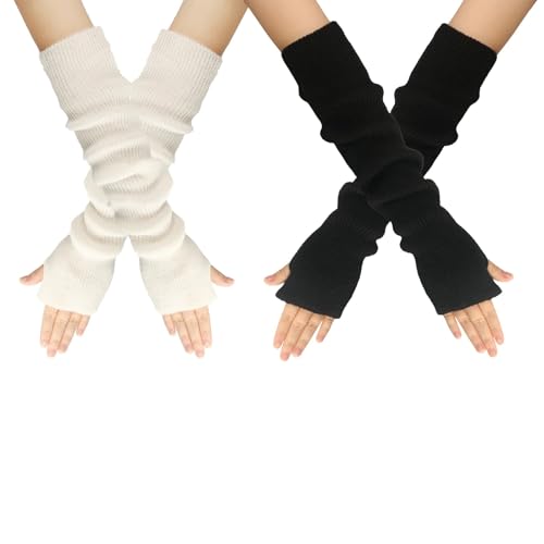 LERTREEUK 2Paar gestrickte Handschuhe Kaschmir Mischung lange Armstulpen Ellbogenstulpen fingerlose Fäustlinge mit Daumenloch (Schwarz+Weiß, L) von LERTREEUK