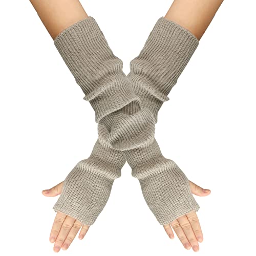 LERTREEUK Damen Mädchen Strickhandschuhe Kaschmir-Mischung Lange Armstulpen Ellenbogenwärmer Fingerlose Fäustlinge mit Daumenloch (Hellgrau) von LERTREEUK